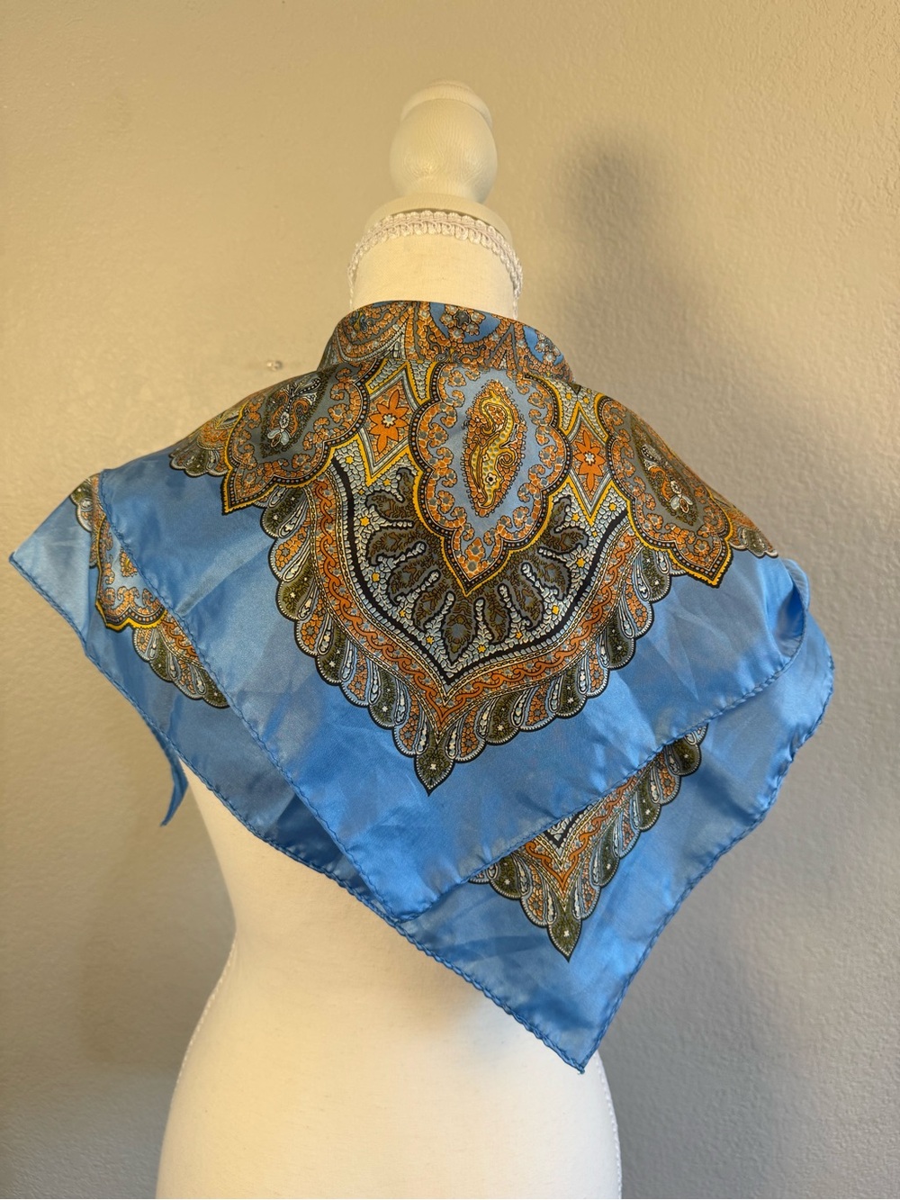 VTG Baar & Beards Light Blue Satin Square Scarf Paisley Floral Made in Japan